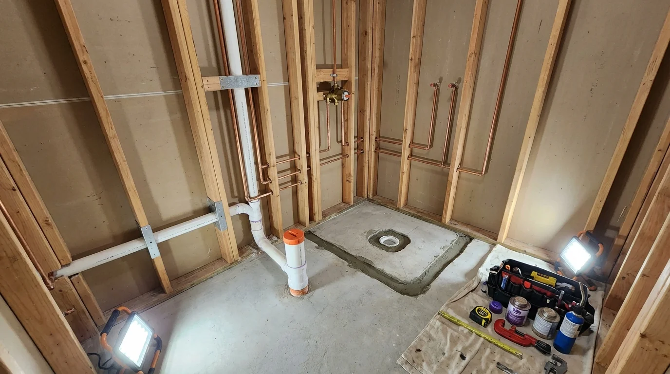 Bathroom rough-in plumbing during remodel by Johns Plumbing LLC in Charlton