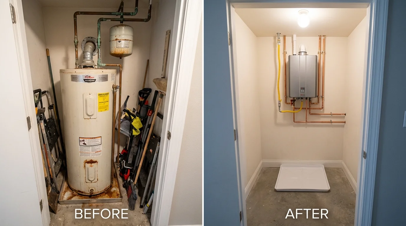 Tank water heater versus wall-mounted tankless unit comparison for Charlton, MA homeowners