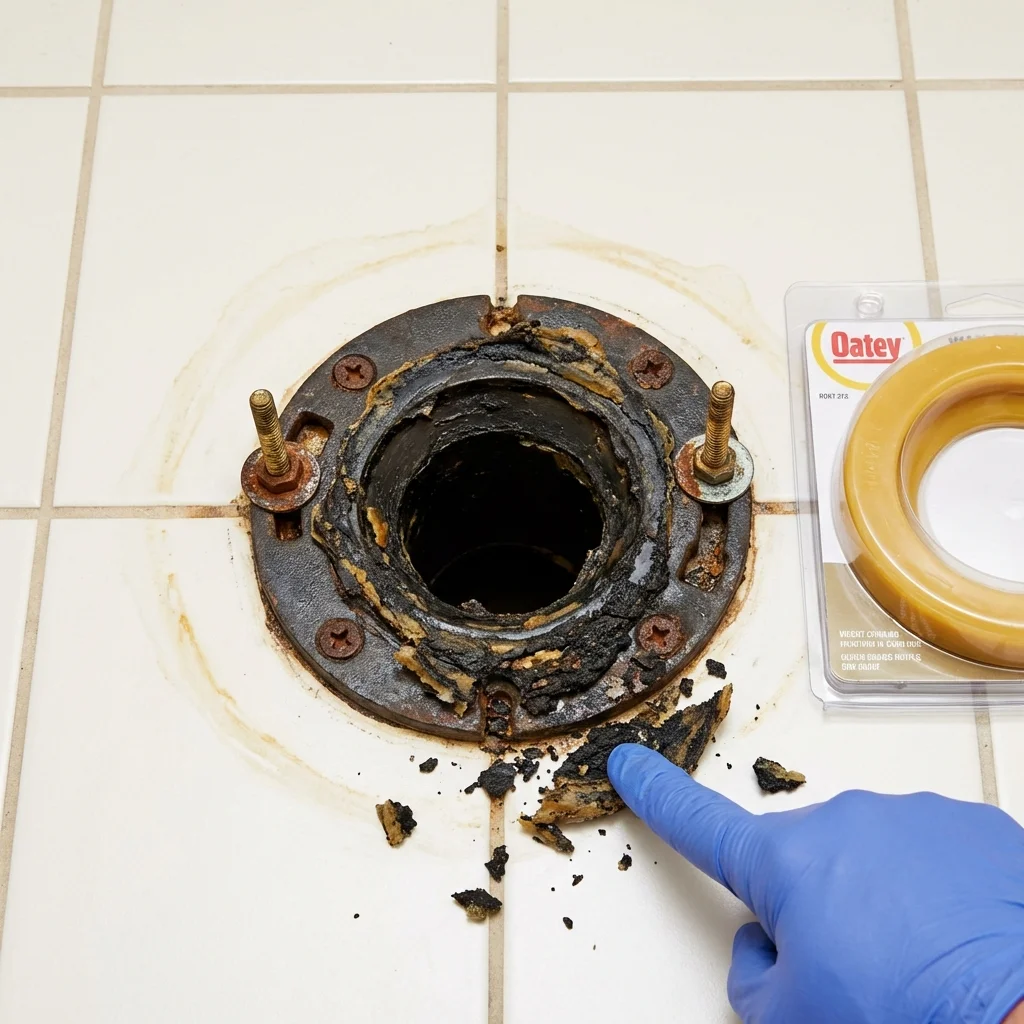 Failed wax ring showing water seepage at the base of a toilet in a Charlton, MA home