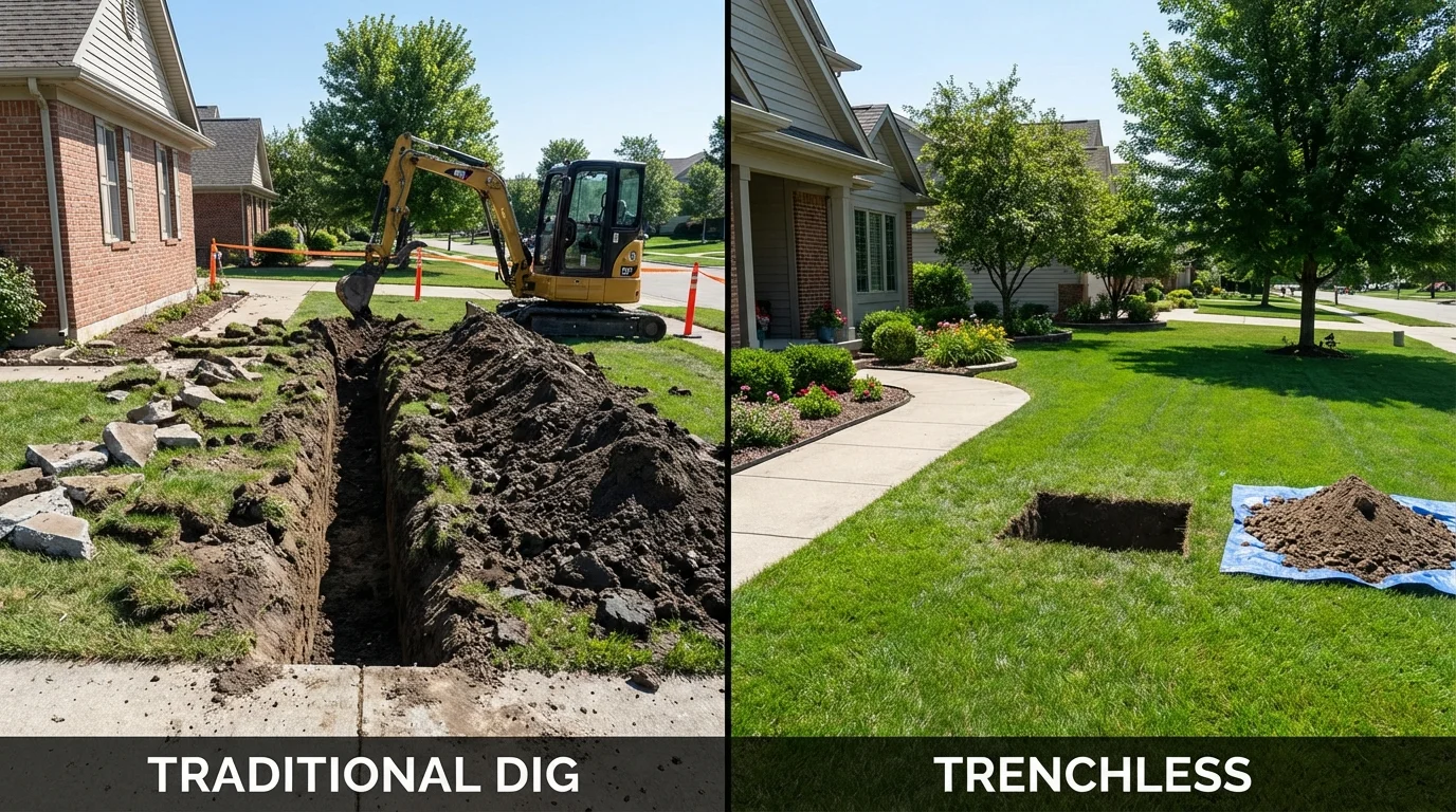 Trenchless sewer repair with minimal yard damage versus traditional excavation in Charlton, MA