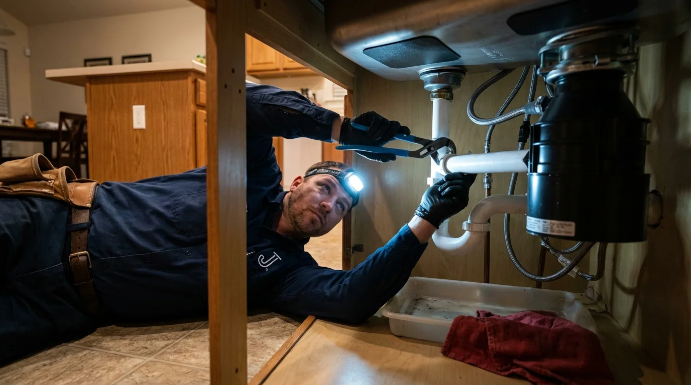 P-trap and supply line connections under a kitchen sink showing a common leak point in Charlton, MA